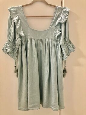 Spell & The Gypsy Collective Linen Mini Dress Seafoam Blue Ruffle Sleeve Sz S